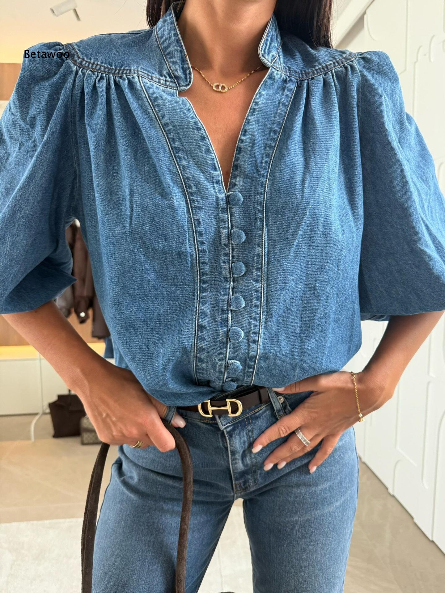 Puff Sleeve Blouse - Camicia Casual da Donna in Denim