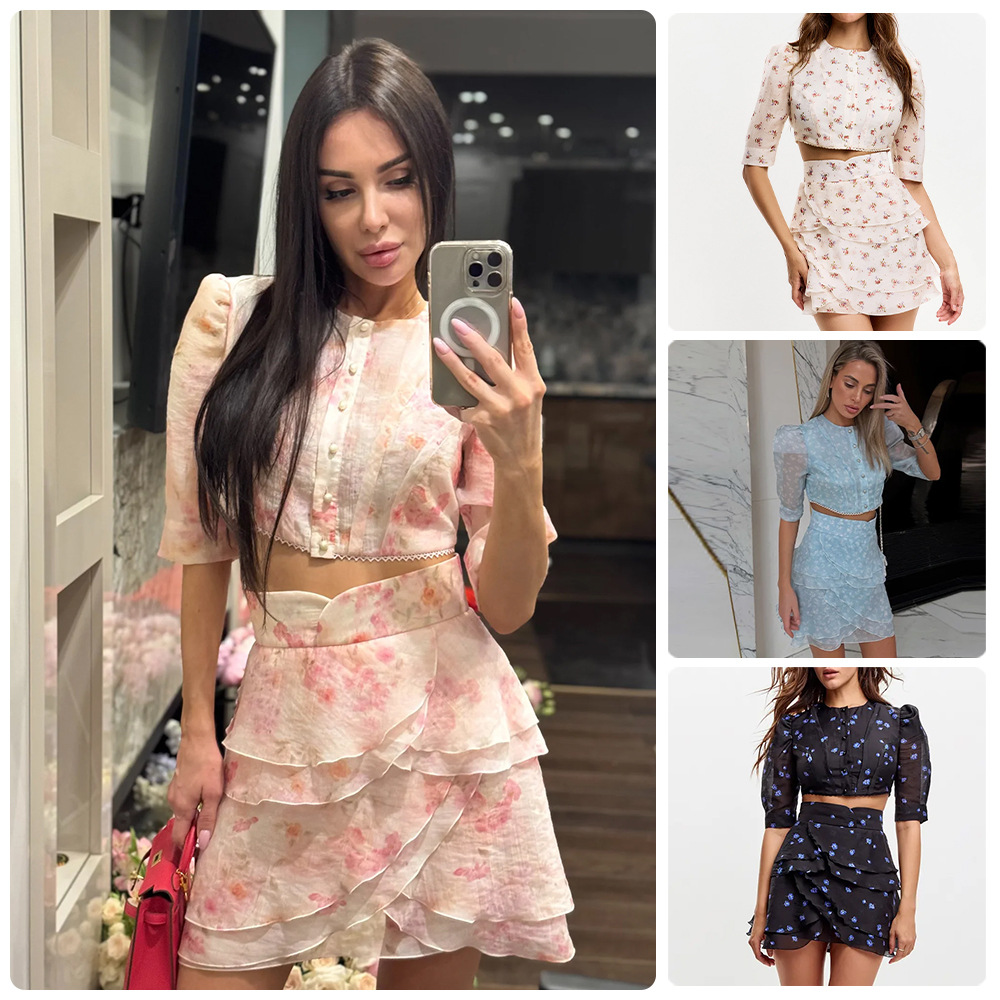 Puff Sleeve Blouse - Set Coordinato con Stampa Floreale, Blusa